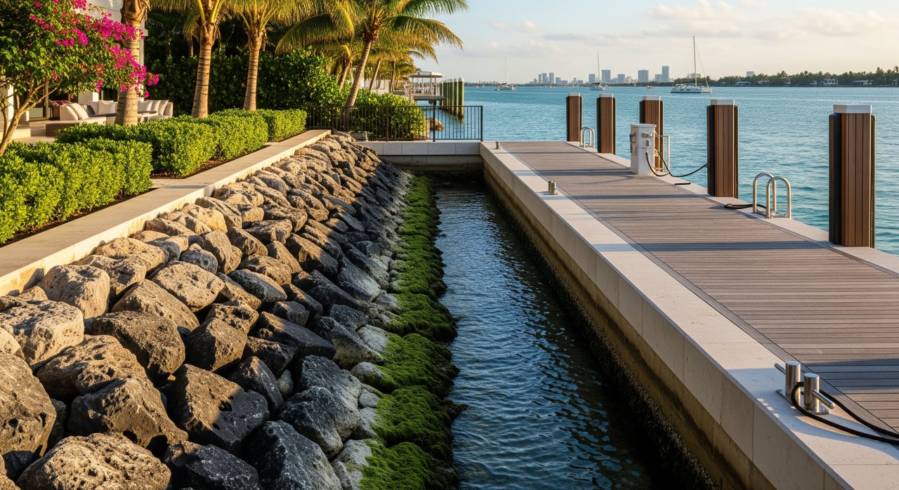 Completed residential seawall on a Florida waterway